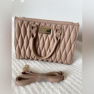 Bebe Tan Quilted Satchel Bag with Gold Hardware